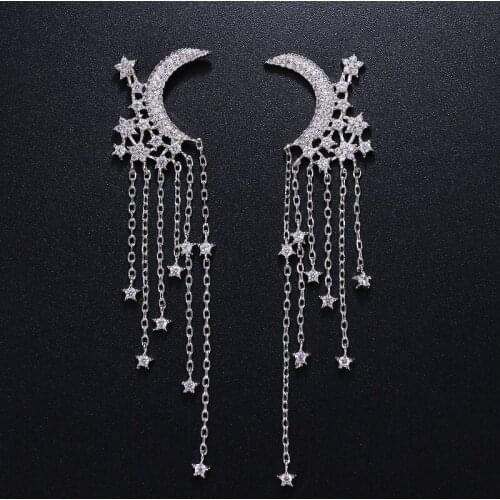 KSRA Dainty Art Deco Moon Star Wedding Earrings For Women Statement Long Rhinestone Dangle Earrings Jewelry Bridesmaids Prom