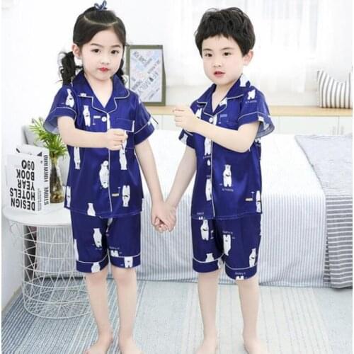 Summer Satin Girls Sleepwear 2020 Children Pajamas Set Silk Short Sleeve Kids Homewear short Pants Suit Boys Cute Pyjamas Set