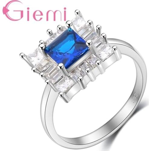 Hot Women Female Wedding Party Jewlery Dazzling Square Finger Ring Paved White/Blue Zircon Stone Silver Color Anel