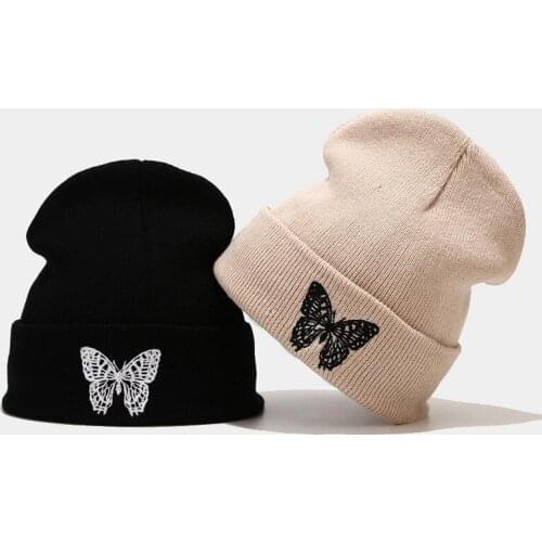 Fashion Women Knitted Beanie Hat Butterfly Embroidery Autumn Winter Warm Hats Female Girls Ski Skullcap Soft Elastic Cap Bonnet