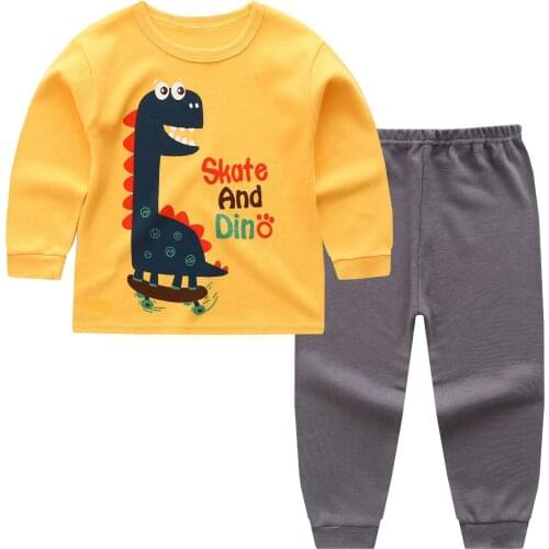Cheap Unisex Sleepwear Suits Cotton Full Childrens Clothes Tees Pants 2-Pieces Set Spring Autumn Cartoon Kids Boy Girl Pajamas