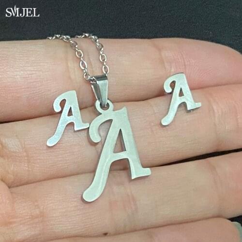Stainless Steel Jewelry 26 Letters Initial Necklace for Women Alphabet Pendants Necklaces Earings Set Friends Family Gifts