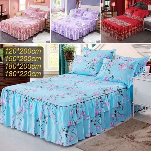 Bed Skirt Thin Flower Printed Fitted Sheet Comfortable Bedsheet King Queen Size Bedspread Mattress Cover Double Layer Bed Skirt