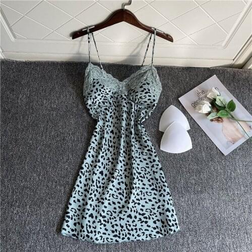 Blue Leopard Print Spaghetti Strap Nightdress Women Lace Trim Home Dress Sexy V-Neck Backless Nightgown Summer Rayon Nightwear