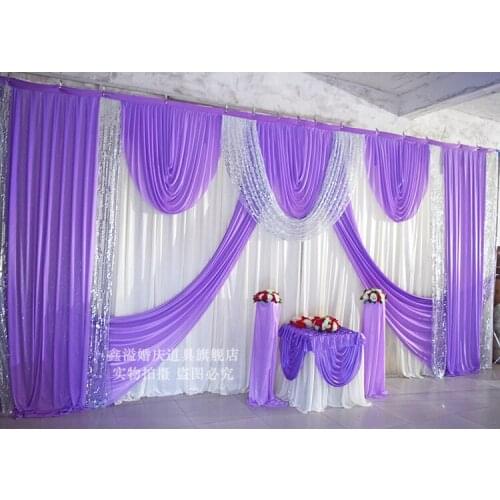 Wedding Backdrop purple color with Beatiful Swag stage curtain marriage decoration