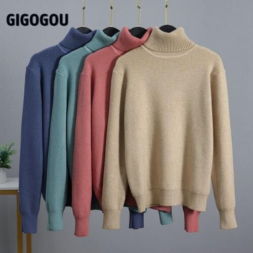 GIGOGOU Thick Warm Turtleneck Womens Sweaters Autumn Winter Knitted Jumpers Black White Women Pullovers Top Christmas Sweater