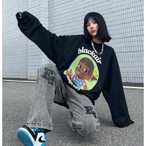 Lovely Anime Gril Print Round Collar Sweatshirt Women Plus Size Casual Vintage Pullover Autumn Stretwear Fashion Harajuku Tops