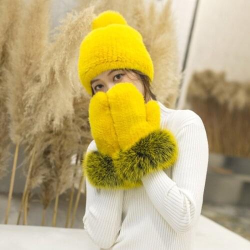 High elastici warm and lovely real mink fur hand knitted full finger gloves fox fur mittens female winter double face fur