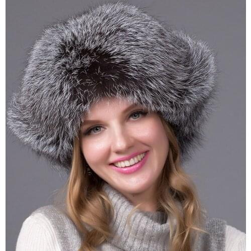 Womens Leather Silver Fox Fur Hooded Down Cap Winter Earmuffs Bags Hats Discoloration Russian Womens Outdoor Cap HJL-07