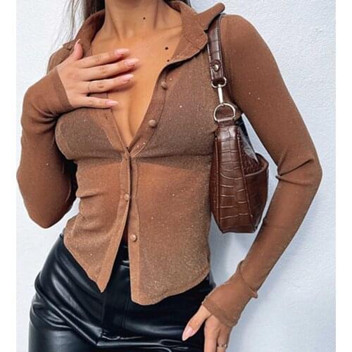 Puloru Women Casual Shirts Solid Color Sequins Turn-Down Collar Long Sleeve See-Through Tops Autumn Spring Slim Fit Shirts