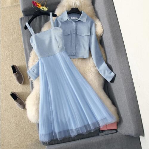 Women 2 Piece Set Spring Autumn Full Sweet Single Breasted Turn-down Collar Slip Dress Korean Ladylike Simple Dress