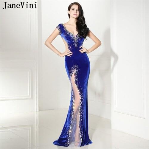 JaneVini Sexy Deep V Neck Velvet Long Bridesmaid Dresses Mermaid Beaded Crystal Backless Sweep Train Women Formal Party Gowns