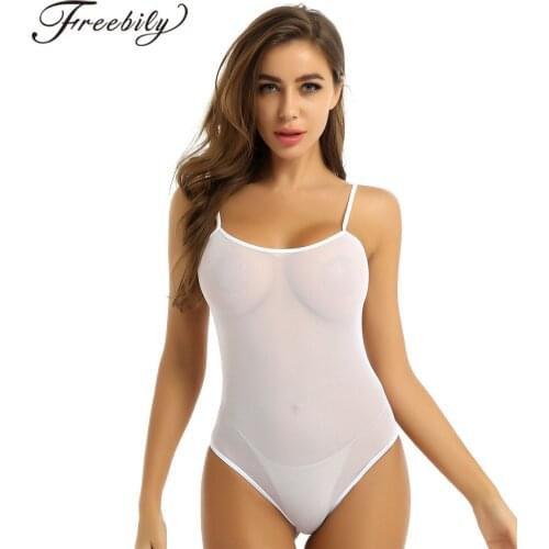 Womens Sexy Lingerie See Through Bodysuit Sheer Mesh Spaghetti Shoulder Straps One-piece Backless Leotard Bodysuit Nightwear