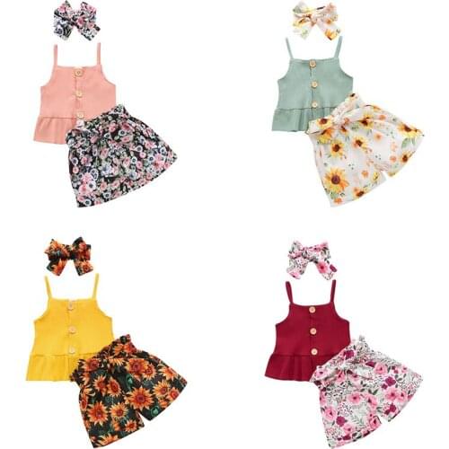 2021 0-3Y Summer Baby Girl Clothing Button Sleeveless Knitted Solid Top Vest+Floral Shorts+Headband Kids Outfits Holiday 3pcs