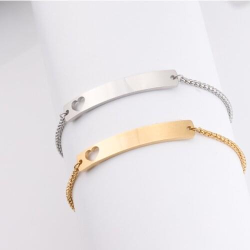 100% Stainless Steel Blank Bend Bar Bracelet For Engrave Rectangle Hollow Heart Tag Adjustable Chain Mirror Polished 10pc