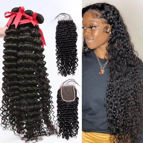 Brazilian Hair Weave 8-28 inch Bundles With Lace Closure Raw Virgin Deep Wave 100% Human Hair Extension