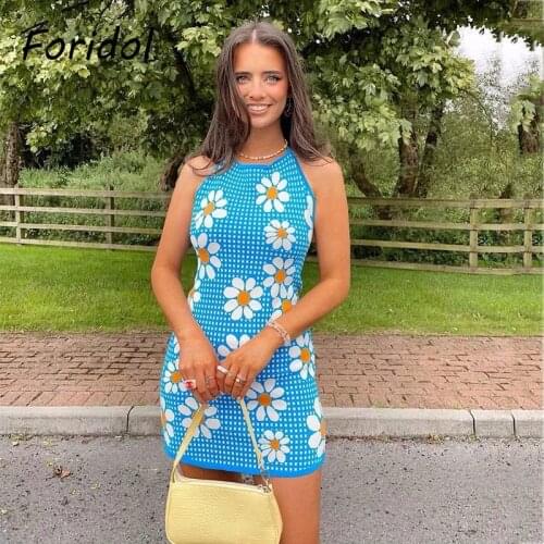 Foridol Sunflower Print Knitted Summer Autumn Short Dress Spaghetti Strap Backless Lace Up Boho Dress Blue Sleeveless Vestidos