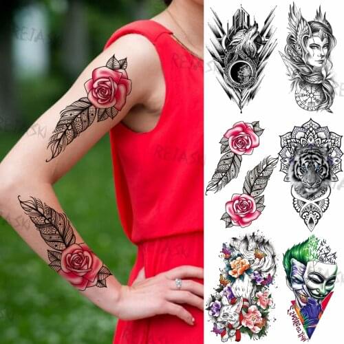 Henna Feather Rose Flower Temporary Tattoos For Women Men Adult Fake Warrior Tiger Clown Fox Tattoo Sticker DIY Tatoos Armband