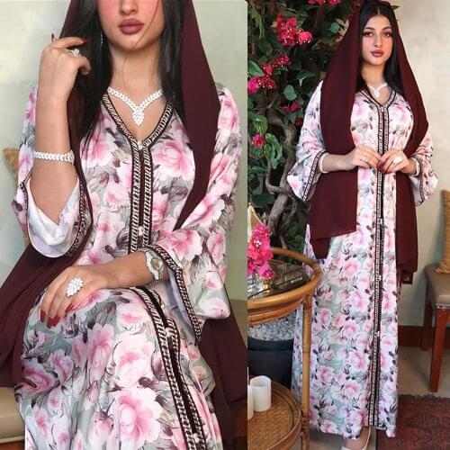 Moroccan Ethnic Vintage Floral Print Long Dress Muslim Women Islamic Maxi Robe Gown Turkey Kaftan Abaya Arabic V-neck Ramadan