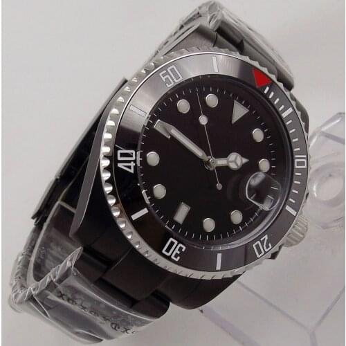 40MM Black Sterile Dial Sapphire Glass PVD Coated NH35A Ceramic Bezel Date Glass Case Back Automatic Mens Wristwatch