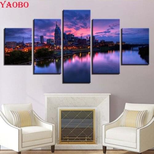 5 pcs/sets DIY 5D Full Square/Round Drill Diamond Painting City Building Sky Night View Mosaic Kits Rhinestones Embroidery