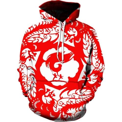 New mens spring and autumn mens casual fashion pullover 3D printed sweatshirt Chinese paper-cut hoodie Harajuku hip-hop male