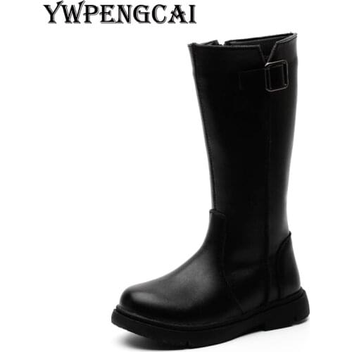 YWPENGCAI Size 27-36 Autumn Winter Girls Boots Soft PU Leather Black Martin Boots Side Zipper Buckle High Boots