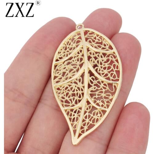 ZXZ 5pcs Gold Tone Large Filigree Leaf Charms Pendants for DIY Jewelry Making Accessories 56x31mm
