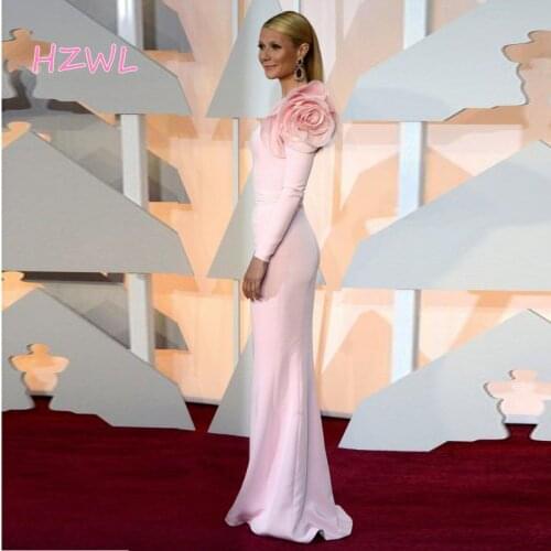 Pink One Shoulder Mermaid Evening Gowns Big Ruched Flower One Shoulder Long Sleeves Prom Dresses Satin Floor Length Robe De Soir