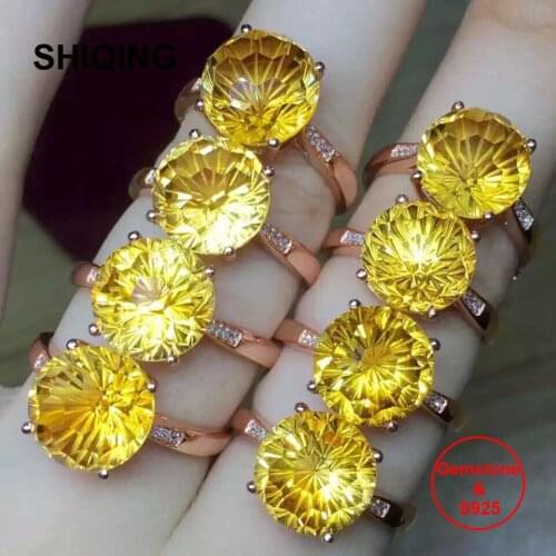 SHIQING VSS Grade Brazil fine jewelry real nature citrine S925 silver 12mm big round gemstone rings for wedding