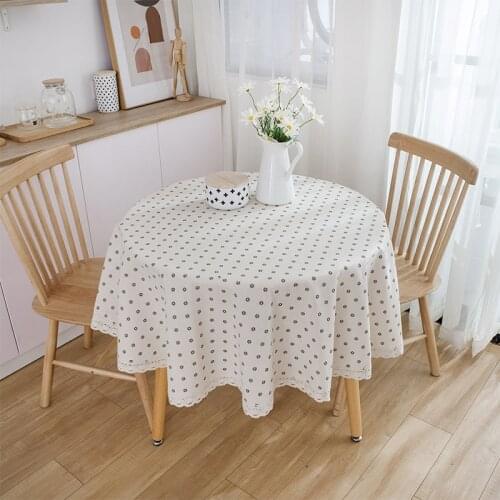 Japanese Style Daisy Flower Pattern Tablecloth Linen And Cotton Lace Edge Round Table Cloth Home Hotel Wedding Dining Decor