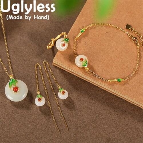 Uglyless Enamel Bamboo Jewelry Sets for Women Natural Jade Peace Buttons Bracelets Rings Earrings Pendants 925 Silver NO Chains