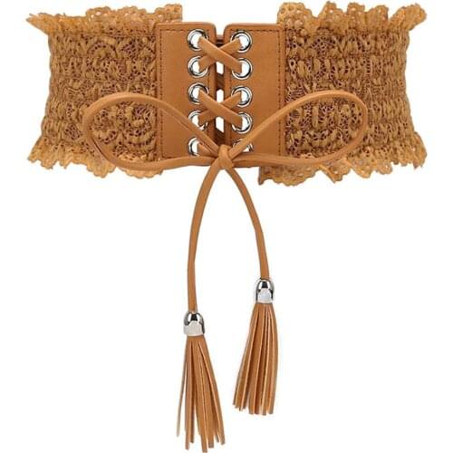 Vintage Style Lace PU Leather Wide Waist Belt Cincher Waspie Elastic Band