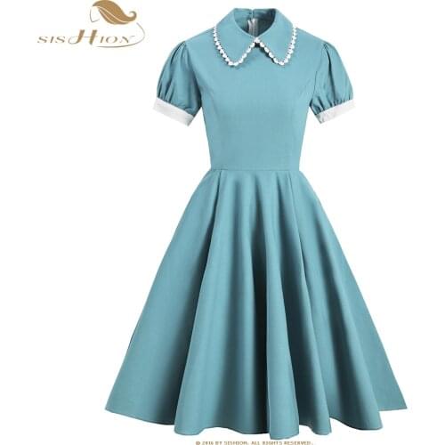 SISHION Hepburn Style Retro Vintage Dress VD2226 Short Sleeve Cotton A Line Swing Party Women Summer Dresses With Pockets