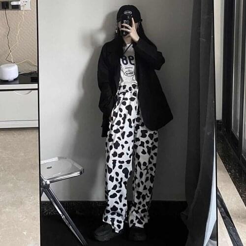 Womens Pants Autumn 2020 New Harajuku Style Cow Print Drape Wide-leg Pants Loose And Thin Straight Trousers Length Pants Female