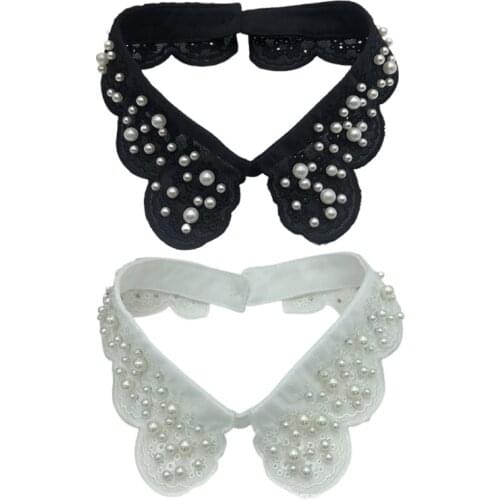 Women Elegant Scalloped Butterfly Lace False Fake Collar Handmade Imitation Pearl Beading Detachable Choker Necklace