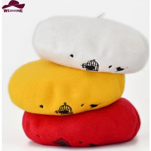 Winter hats for women Berets Knitted 100% wool beret mujer Embroidered cartoon Pattern Berets Hats Berets Warm Caps lidies hat