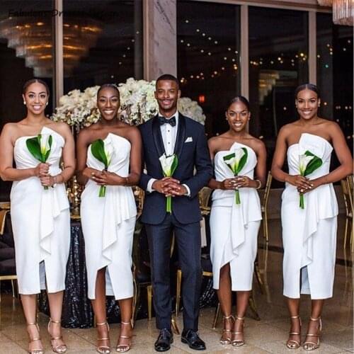 2021 White Short Bridesmaid Dresses Tea Length Mermaid Strapless African Women Maid Of Honor Dress With Split Wedding Party
