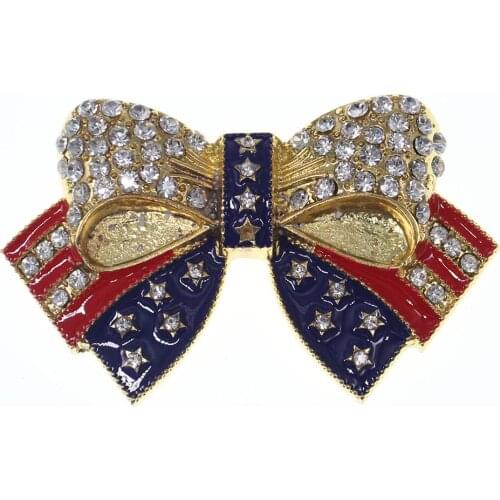 50pcs/lot Free Shipping 60mm Zinc Alloy Gold Pating Enamel Crystal USA Flag Bow-Knot Brooches Brooch Rhinestone Brooch
