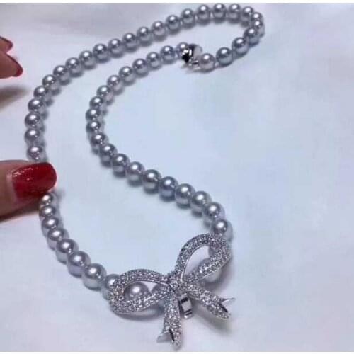 Free shipping jewelry Handmade 45cm 8-9mm gray Pearl CZ Necklace Pendant 925 silver micro inlay zircon leaf clasp accessory