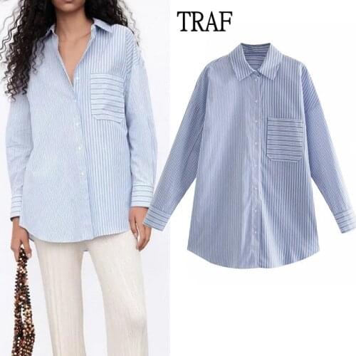 TRAF Za Woman 2021 Stitching Stripes Buttons Shirt Fashion Woman Blouses Long Sleeve Top Oversize Shirt Loose Womens Clothing