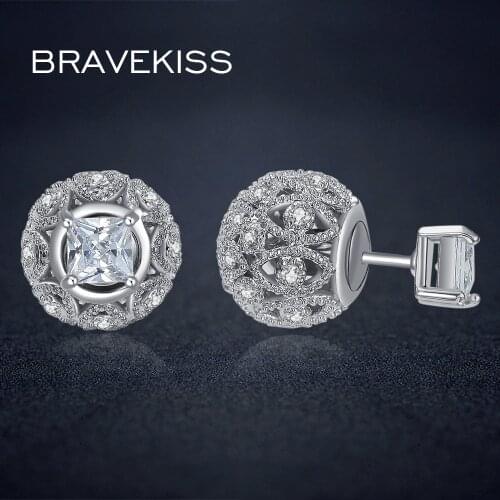 BRAVEKISS small crystal ball earrings stud double sided earrings for women cz square earrings hollow earring bijoux BUE0244