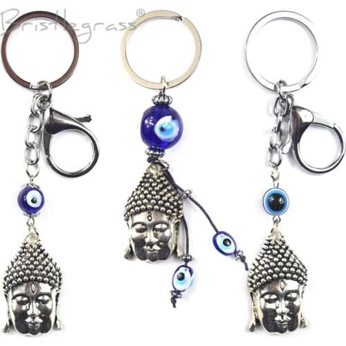 BRISTLEGRASS Turkish Blue Evil Eye Buddha Head Keychains Key Chains Ring Holder Lucky Charms Hanging Pendant Blessing Protection