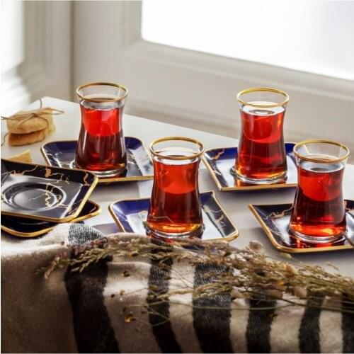 12 Pieces 6 Person Gold Plated Traditional Glass Tea Cups with Dark Blue Marble Style Plates Perfect Quality Made in Turkey