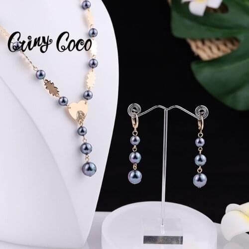 Cring Coco Hawaiian Colorful Pearl Jewelry Sets Fashion Guam Micronesia Chuuk Pendant Necklaces Hoop Drop Earrings Set for Women