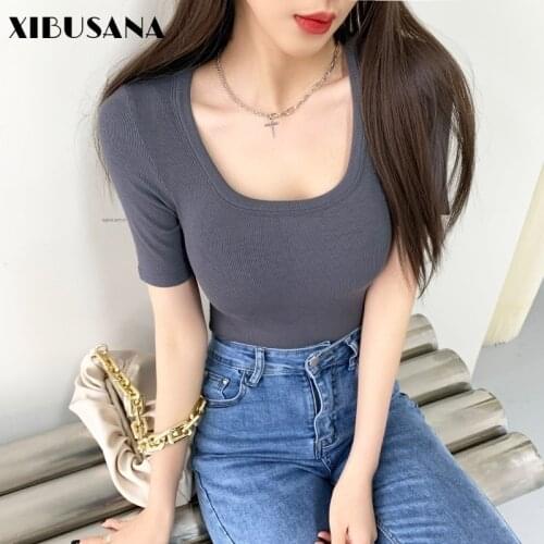 Summer Elegant Solid Short Sleeve Knitted Tees For Women U-Neck T-shirts Female Slim Elastic Bottoming Tops Cotton Pullovers New