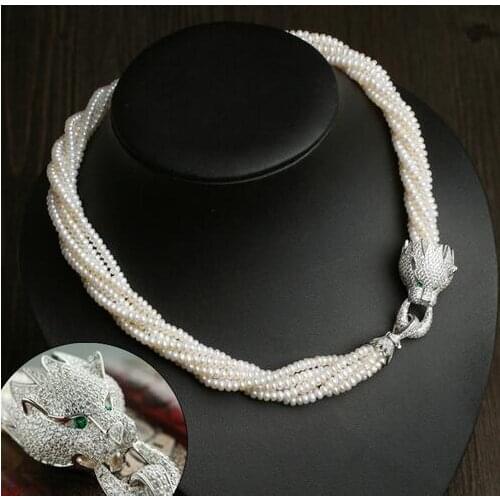 Fine jewelry cubic leopard head 4 - 5 mm Freshwater pearls multi-layered choker necklaces