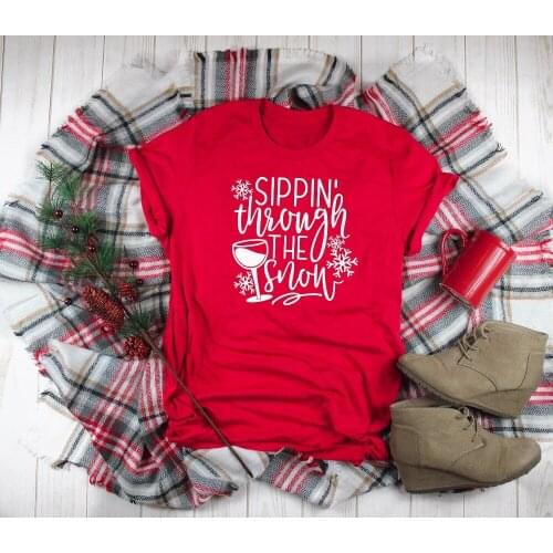 Cute Tee Wine Graphic Slogan Young Style Unisex Tees Through The Snow Wine Shirt Movies Humor Holiday T-shirt Woman