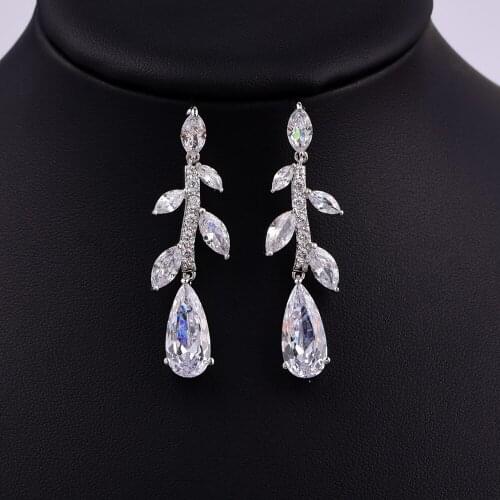 Fashion Leaf Water Drop Cubic Zirconia Earrings For Girl Allergy Prevent White Gold Plating Gift Box Packing CZE-9003