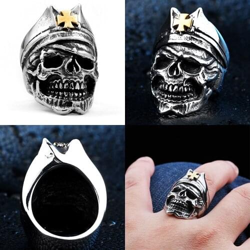 316L Knights Templar Golden Cross Men Calvarium Skull Punk Vintage Ring Gothic Stainless Steel Biker Rings Motorcycle jewellery